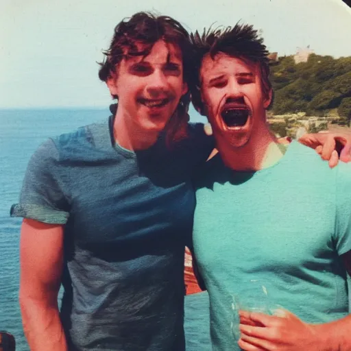 Image similar to polaroid of Homelander and Billy Butcher on holiday having a great time together