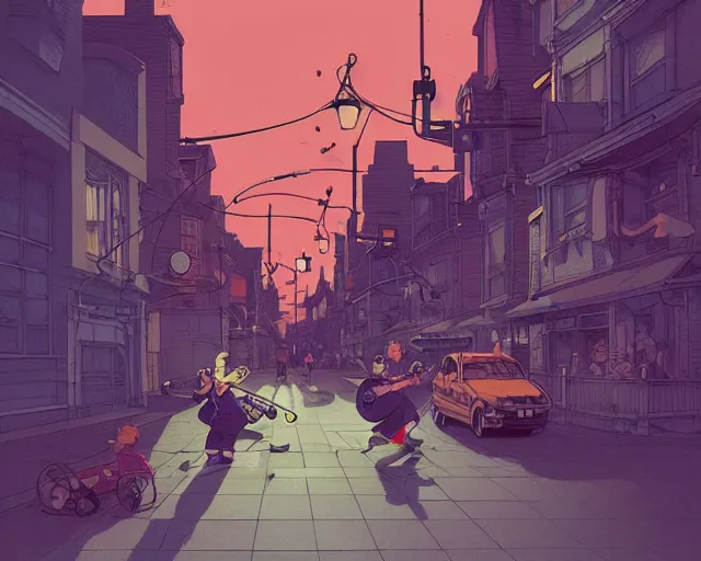 Image similar to a study of cell shaded cartoon of music band playing music street lamps, road, illustration, wide shot, subtle colors, post grunge, concept art by josan gonzales and wlop, by james jean, Victo ngai, David Rubín, Mike Mignola, Laurie Greasley, highly detailed, sharp focus, Trending on Artstation, HQ, deviantart, art by artgem