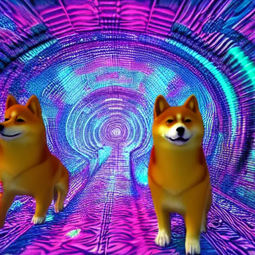 Image similar to two shiba inu in the psychedelic baroque dmt fourth dimensional tunnel, octane 3 d render