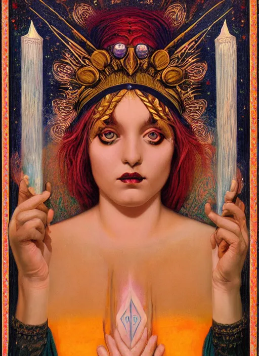 Image similar to acid tripping cult magic psychic woman, third eye, occult ritual, dark witch headdress, oil painting, robe, symmetrical face, greek dark myth, by John William Godward and Anna Dittman, masterpiece