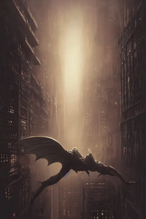 Image similar to Beautiful Pale Vampire Flying over a dimly lit metropolis in the dead of night, fantasy, professional illustration by Seb McKinnon, ArtGerm, WLOP, scenic, cinematic lighting, detailed