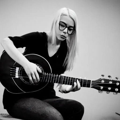 Image similar to Phoebe Bridgers playing a ukulele, black and white photo