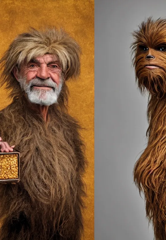 Prompt: The full figure portrait is of the sean connery's weird mutant, neglected scraggy chewbacca style pet. Mark Mann and Steve McCurry. Rembrandt with a honeycomb. Nikon D850. Sigma 85mm F1.4 DG HSM A. Aperture f/3.5. Shutter speed 1/60. ISO 1600