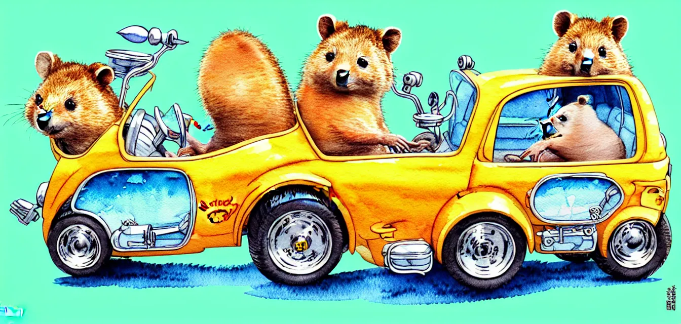 Prompt: cute and funny, quokka riding in a tiny hot rod with oversized engine, ratfink style by ed roth, centered award winning watercolor pen illustration, isometric illustration by chihiro iwasaki, edited by range murata, tiny details by artgerm and watercolor girl, symmetrically isometrically centered