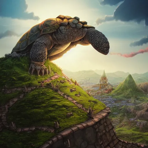 Image similar to large fantasy castle sitting on the top of a giant tortoise, stomping through a harsh wasteland with sharp rays of sunlight, howls moving castle, mortal engines, kaiju, distant - mid - shot, isometric angle, fantasy, hyper detailed, 4 k