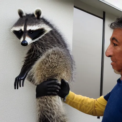 Image similar to a photorealistic raccoon architect inspecting a building