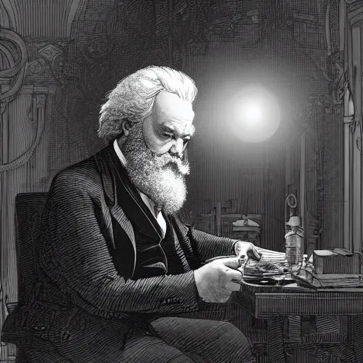 Image similar to Karl Marx pondering his orb, highly detailed, digital painting, artstation, concept art, smooth, sharp focus, illustration, art by todd lockwood and magalie villeneuve and alan lee and artgerm and greg rutkowski and alphonse mucha