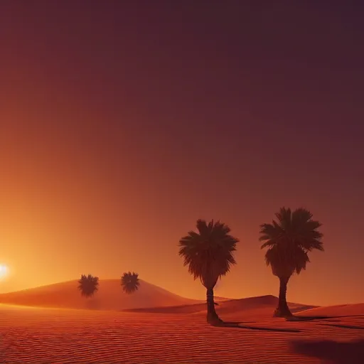 Prompt: desert dunes at sunset, palm trees, two camels in the foreground, long shadows, stars, twilight, dust, volumetric light, foggy, particles, atmospheric, dramatic lighting, by greg rutkowski, artstation