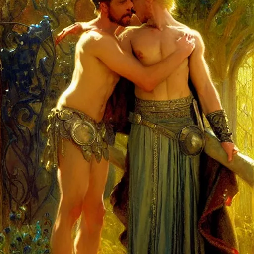 Image similar to attractive arthur pendragon with attractive male merlin the mage. they are in love. highly detailed painting by gaston bussiere, craig mullins, j. c. leyendecker