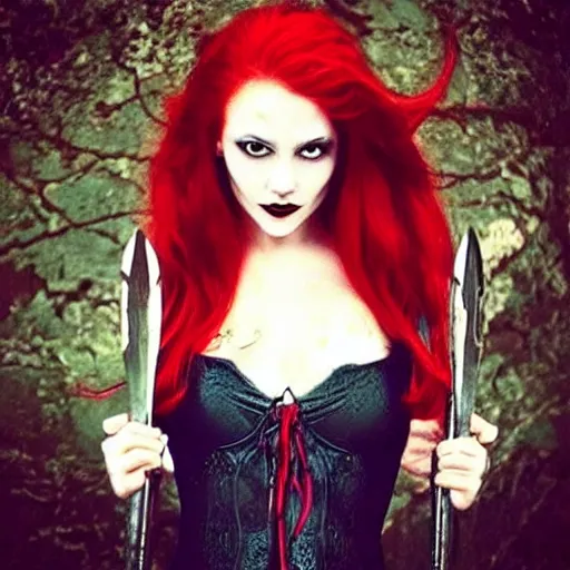 Prompt: “ beautiful red headed vampire woman stepping out of a pool of blood, holding two swords ”