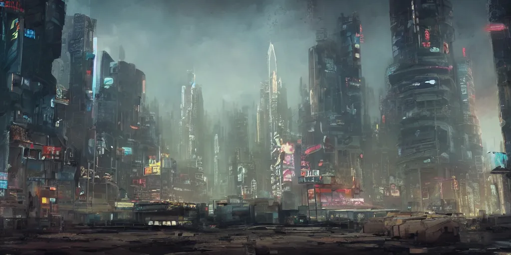Image similar to remnants of a once advanced cyberpunk city, cinematic