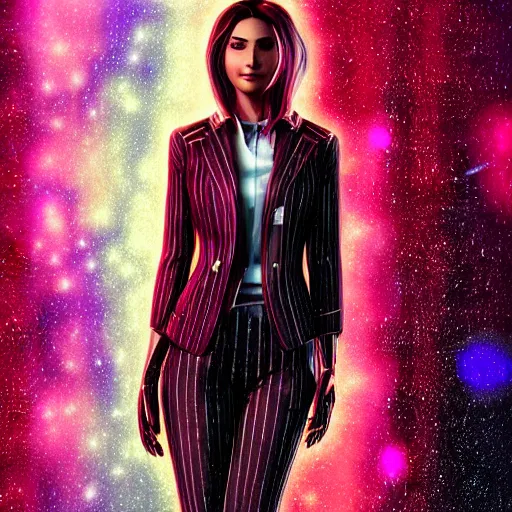 Prompt: stylish woman cartoon portrait made out of rain galaxies, pinstripe suit, cyberpunk background, octane render, unreal engine, highly detailed, trending on artstation, realistic, neon, beautiful