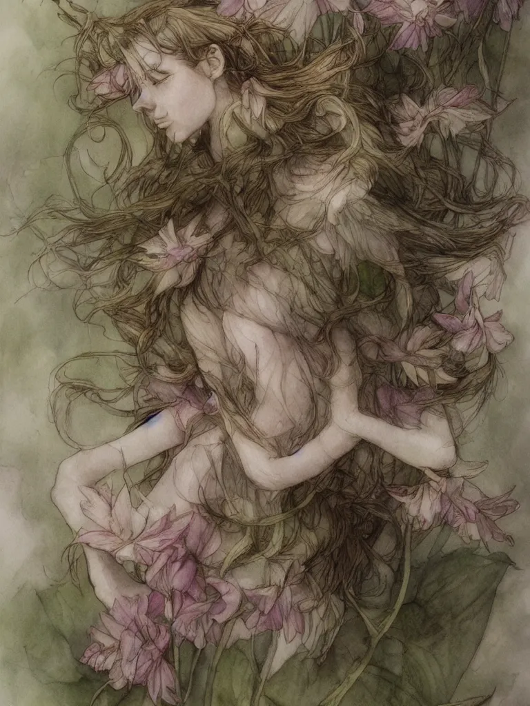 Image similar to study of a flower fairy, illustration, watercolor, alan lee, detailed, pretty, ethereal, realistic, artstation,