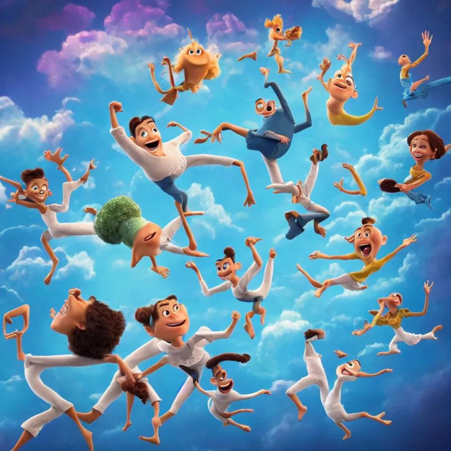 Image similar to full body shot of dancers dancing on the clouds, 3 d animated pixar!! illumination studios animated movie by pete docter, extremely happy smiling and eerie smiles, slimy fluid liquid