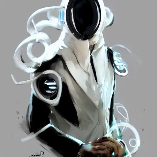 Image similar to full body portrait of a male character in sleek clothes, in a futuristic flowing white tailcoat, wearing a white insectoid mask with five round lenses for eyes, many eyes, dramatic lighting, illustration by Greg rutkowski, yoji shinkawa, 4k, digital art, concept art, trending on artstation