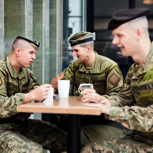 Image similar to a group of military solders sitting at the cafe and drinking coffee