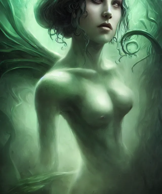 Prompt: cthulhu by charlie bowater and titian and artgerm, full - body portrait, intricate, face, swamp, elegant, green mist, beautiful, highly detailed, dramatic lighting, sharp focus, trending on artstation, artstationhd, artstationhq, unreal engine, 4 k, 8 k