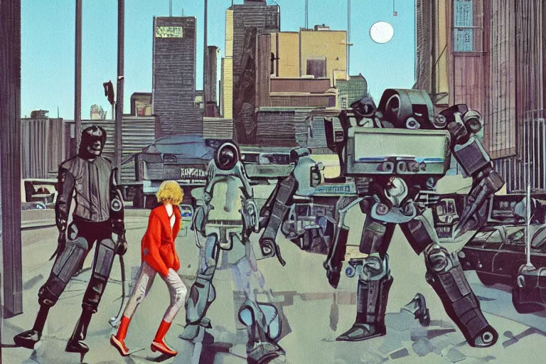 Image similar to 1 9 7 9 science fiction depicting mechwarrior walking at street level in with beautiful scenery. art by tim conrad and vic bonilla