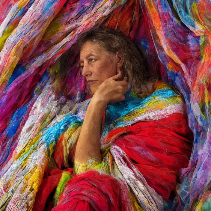 Prompt: a color photograph, closeup portrait of a woman wrapped in textiles, sitting in a plastic throne, in glacier national park in montana, color photograph, by vincent desiderio, canon eos c 3 0 0, ƒ 1. 8, 3 5 mm, 8 k, medium - format print