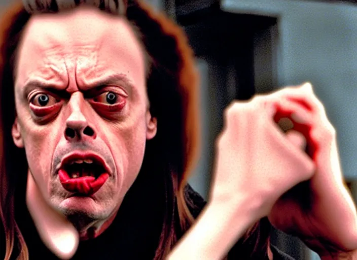 Image similar to steve buscemi in a still from the movie The Room (2003), screaming You Are Tearing Me Apart Lisa!