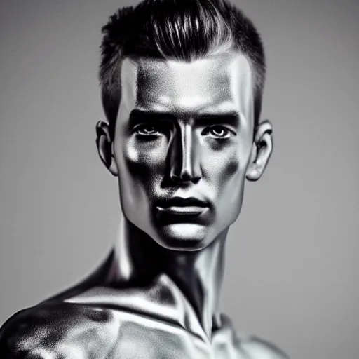 Image similar to “a realistic detailed photo of a guy who is an attractive humanoid who is half robot and half humanoid, who is a male android, twitch streamer and youtuber Ludwig Ahgren, shiny skin, posing like a statue, blank stare”