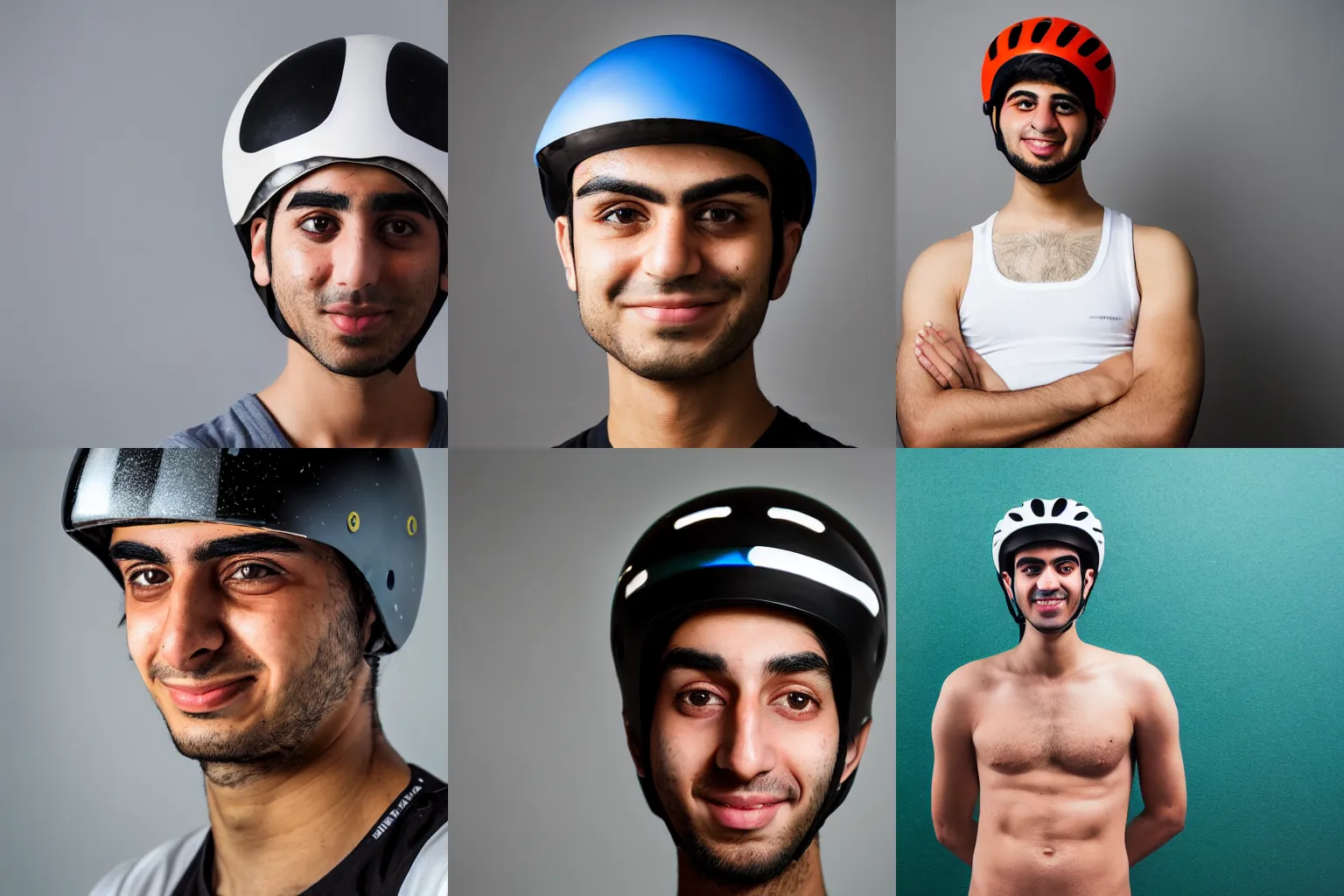 Prompt: portrait of persian university student with light freckles wearing his fashionable bicycle helmet and tanktop, he is smirking shyly into the camera for a cover of an alternative gay print magazine, 5 0 mm, f 1. 4, award winning photograph, experimental studio light, soft focus