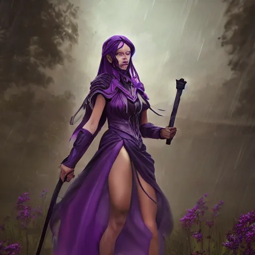 Image similar to a woman in a purple dress holding a staff and dark magic, storm and rain behind her, action scene, magical concept art, artstation contest winner, fantasy art, dark and mysterious, artstation hd, 1 2 0 mm lens, hero pose, detailed, 8 k, digital art