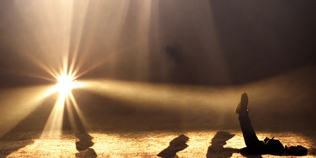 Prompt: a man falls down a sunbeam