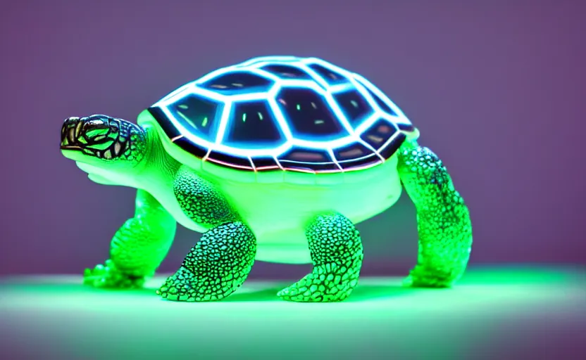 Image similar to artificial Intelligence turtle with its shell made out of modular-synth dials and knobs with a small AMOLED display, LED light accents, sleek design by apple, triple white colorway, modular-synth, VST, 4k, 33mm, high quality photo,