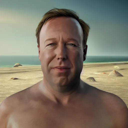 Image similar to hyperrealistic mixed media image of alex jones from info wars posing on a beach wearing a tutu, stunning 3 d render inspired art by istvan sandorfi and greg rutkowski, perfect facial symmetry, realistic, highly detailed attributes and atmosphere, dim volumetric cinematic lighting, 8 k octane extremely hyper - detailed render, post - processing, masterpiece,