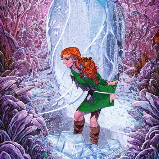 Image similar to dan mumford paint, a fantasy elf woman trapped and frozen trying to get out of a block of clear ice, with frozen flowers around her