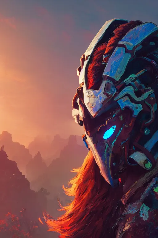 Image similar to combination suit armor aloy horizon forbidden west horizon zero dawn radiating a glowing aura global illumination ray tracing hdr fanart arstation by ian pesty and alena aenami artworks in 4 k tribal robot ninja mask helmet backpack