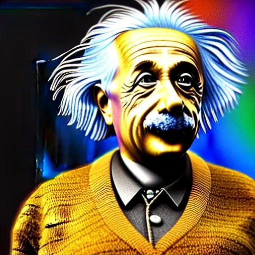 Image similar to albert einstein, vivid colors, highly detailed, digital art, 8 k, 3 d rendered in octane, blender, realistic, detailed lighting, detailed shadows, sharp, no blur, edited, corrected, trending on artstation, digital art