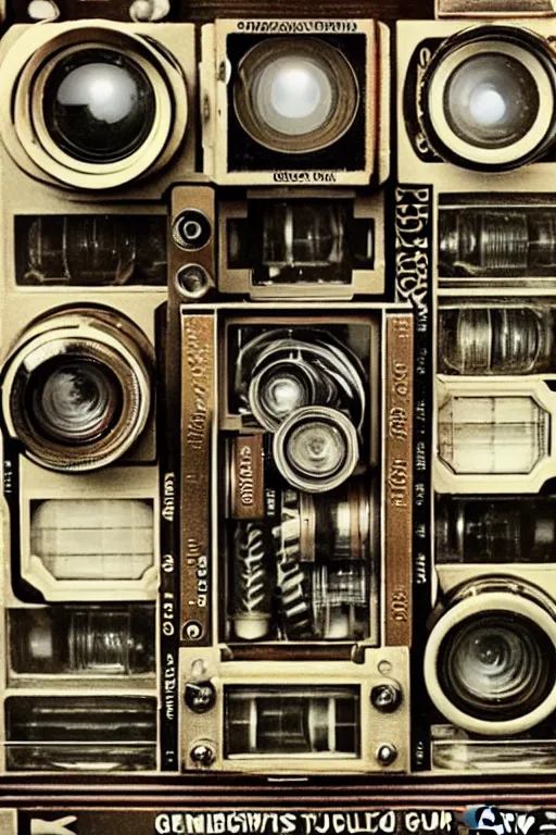 Image similar to a photo taken by someone who doesn't know how to use a camera, the most complex kodak camera ever made with vacuum tubes, capacitors and coils inside, through a dirty store window by Wes Anderson, grungy, weathered Ultra detailed, hyper realistic, 4k