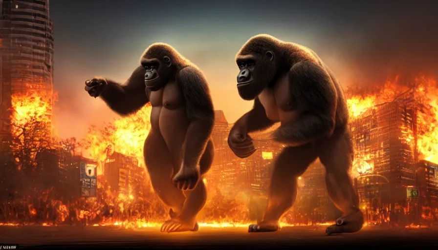 Image similar to concept art of hard combat of two huge gorilla in burning tokyo city, cinematic composition, golden lighting, action scene, strong perspective