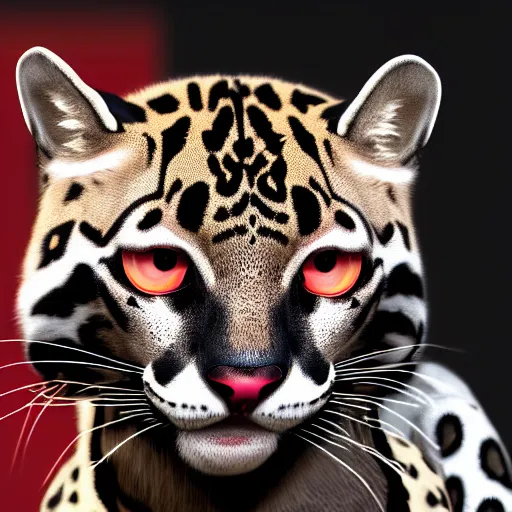 Image similar to profile shot of a black and red ocelot with black background, strong bokeh, dramatic, cinematic, high contrast, octane render, 4k