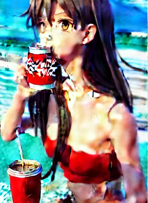 Prompt: full body picture of a extremely beautiful and attractive and cute and aesthetic girl drinking a coke, highly detailed face, very thirsty, dripping on the body, sharp focus, shiny day on the beach, specular reflection, occlusion shadow, trending on artstation, epic light novel cover art, art by ilya kuvshinov and sakimichan and jeremy lipking