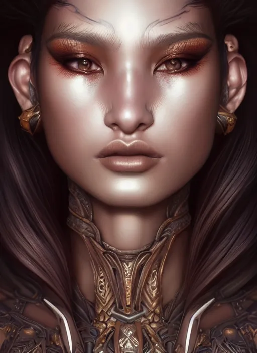 Prompt: portrait of dragon maiden model, intricate, sharp focus, octane render, brown skin, realistic render, detailed, beautiful, unreal engine, symmetrical!!, maybelline, sephora, loreal, artstation, art by artgerm, rossdraws, art by karol bak, makeup by pat mcgrath, cinematic, concept art, filmic, vsco