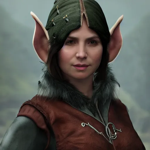 Image similar to anya charlota as a medieval fantasy tolkien elf, dark purplish hair tucked behind ears, wearing leather with a fur lined collar, wide, muscular build, scar across the nose, one black, scaled arm, cinematic, character art, digital art, realistic. 8 k, detailed.