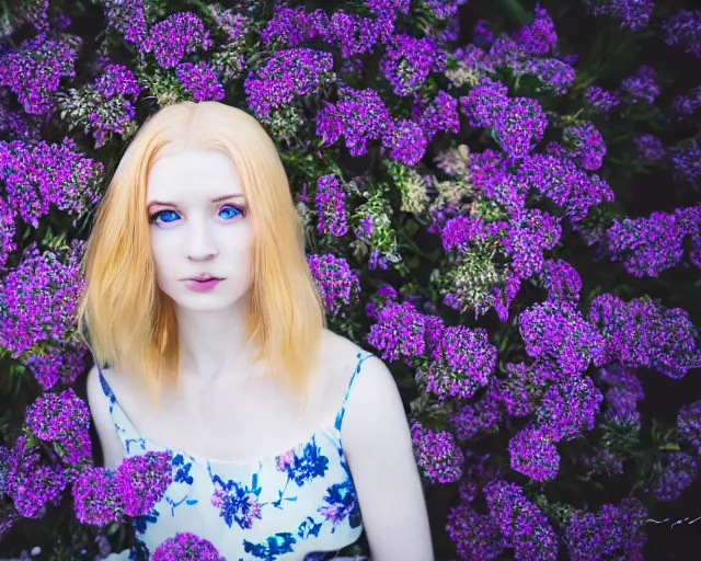 Image similar to pale beautiful young woman with bright blonde hair, freckles, blue eyes and a wide face, flowery dress, using a dslr camera, dramatic, art by anna nikonova