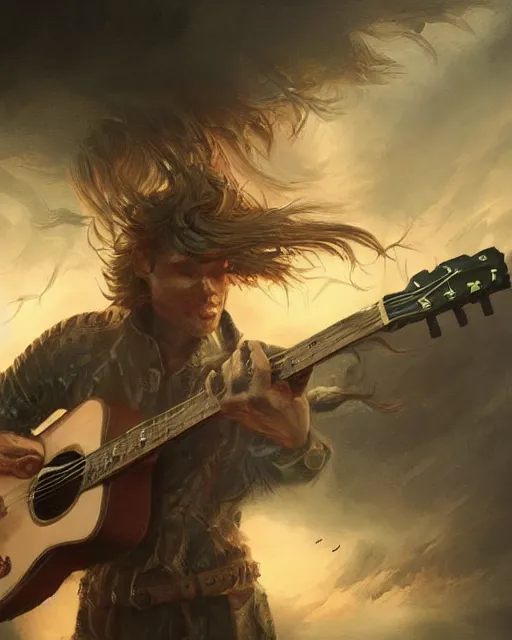 Prompt: chris tt playing guitar, hyper realistic face, fantasy art, in the style of greg rutkowski, intricate, hyper detailed