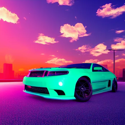 Image similar to neon synthwave hemi v 8 engine, at sunset, 8 k. filling most of the view