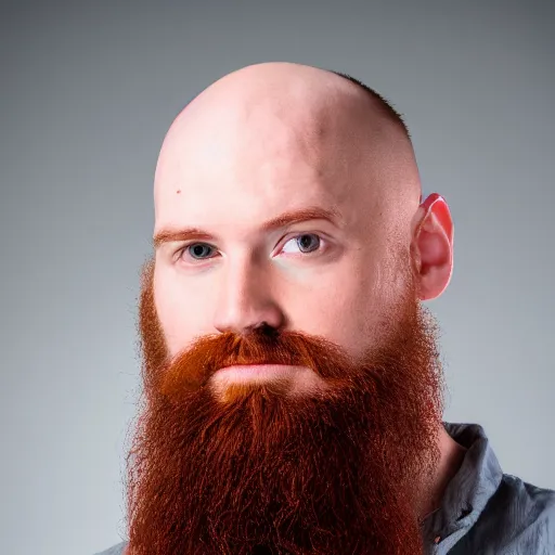 Image similar to portrait of a 26 year old bald white man with a red beard, acting headshot