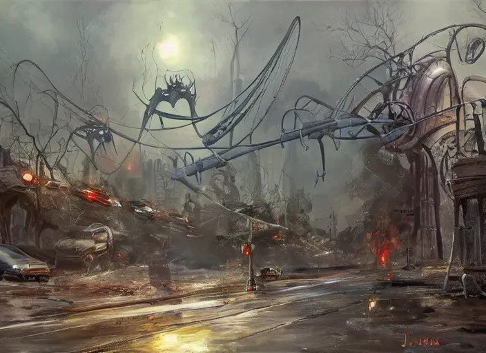 Prompt: concept art of the war of the worlds movie, oil painting by jama jurabaev, extremely detailed, brush hard, artstation, for aaa game, high quality, brush stroke