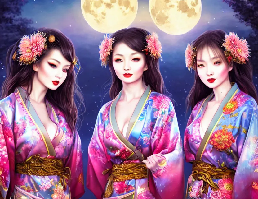 Image similar to two beautiful alluring siberian girls wear fantasy kimono in festival | | sunny night, full moon, dreamlike art, realistic shaded, smile, good looking, hyper details, 4 k realistic, cryengine, realistic shaded lighting poster by artgerm, ross tran, fuji choko, 8 k resolution, trending on artstation, luxury