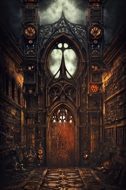 Prompt: steam necropolis, memento mori, gothic, neo - gothic, art nouveau, hyperdetailed copper patina medieval icon, stefan morrell, philippe druillet, ralph mcquarrie, concept art, steampunk, unreal engine, detailed intricate environment, octane render, moody atmospherics, volumetric lighting, ultrasharp, ominous, unearthly