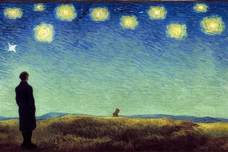 Image similar to a person looking at the night sky with clouds and stars, colorful, beautiful, national geographic, very detailed, astrophotography, cinematic lighting, oil painting, canvas, Theodor Kittelsen, Vincent van Gogh, Caspar David Friedrich