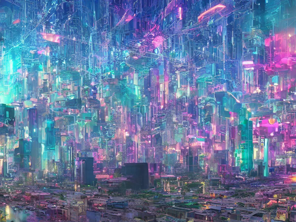 Prompt: mystical colorful cyberpunk city with a clear blue lake in a clearing where an abstract nebula crystal sculpture is floating above it, powerful, 4k, photograph, vaporwave