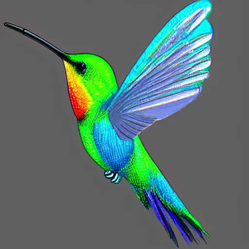 Prompt: computer graphics, iridescent hummingbird, trending on ArtStation by Yoshitaka Amano