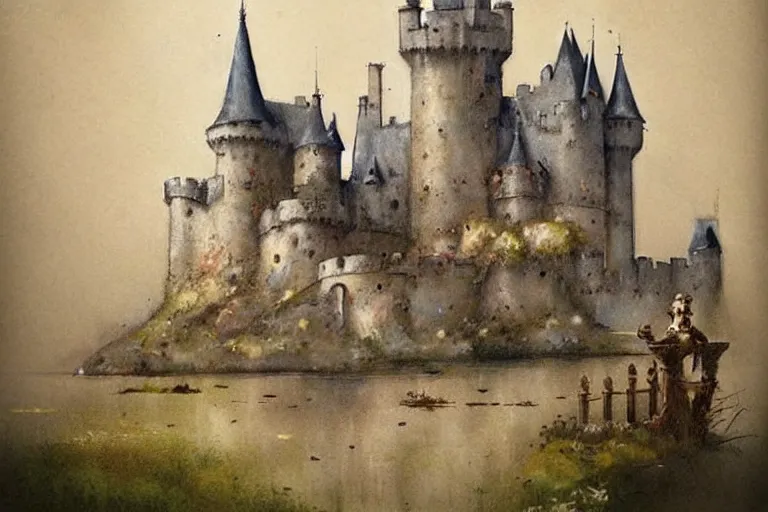 Image similar to 1950s castle muted colors. by Jean-Baptiste Monge!!!!!!!!!!!!!!!!!!!!!!